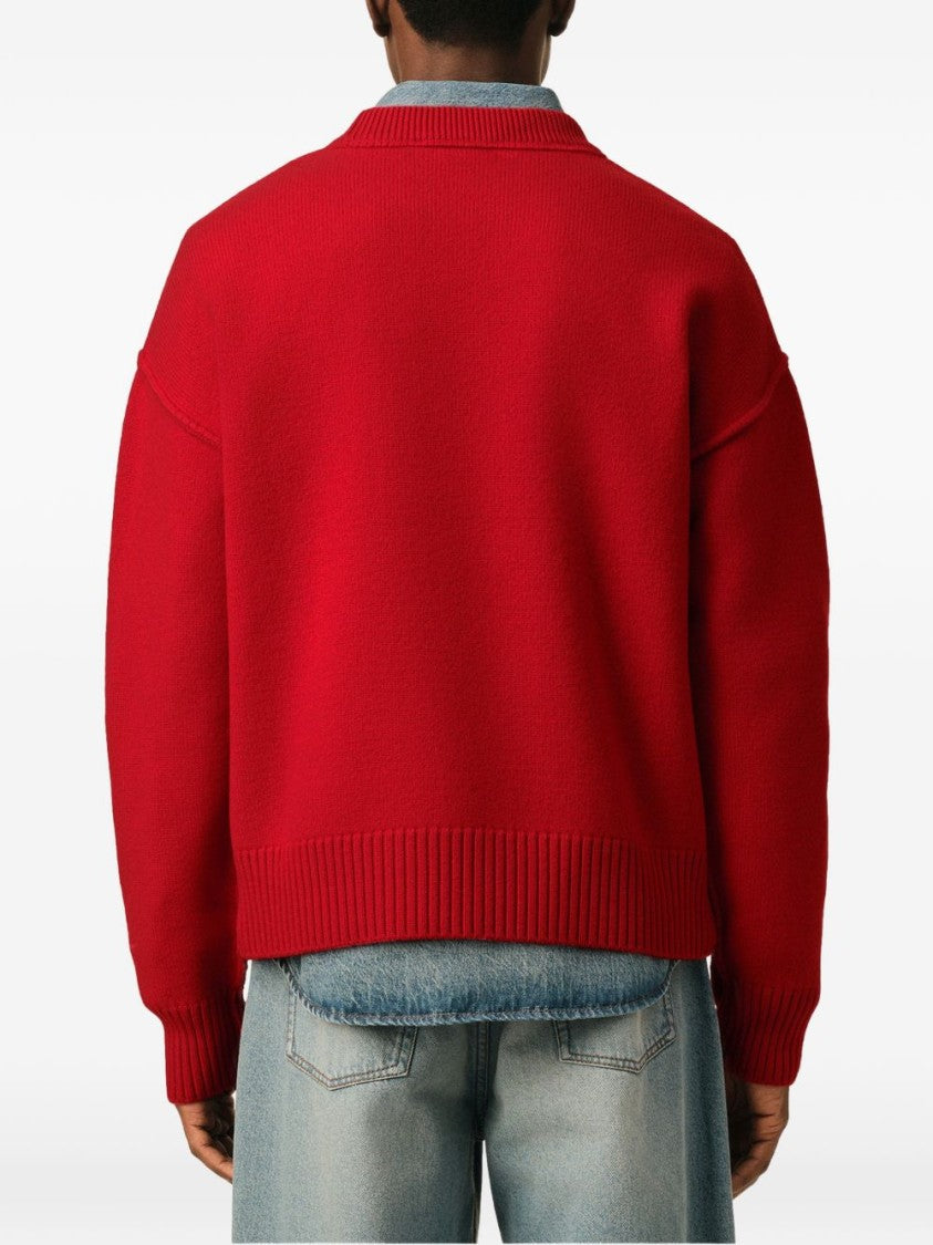 Ami Paris Boxy Fit Red Knit Sweater With Embroidered Heart Detail