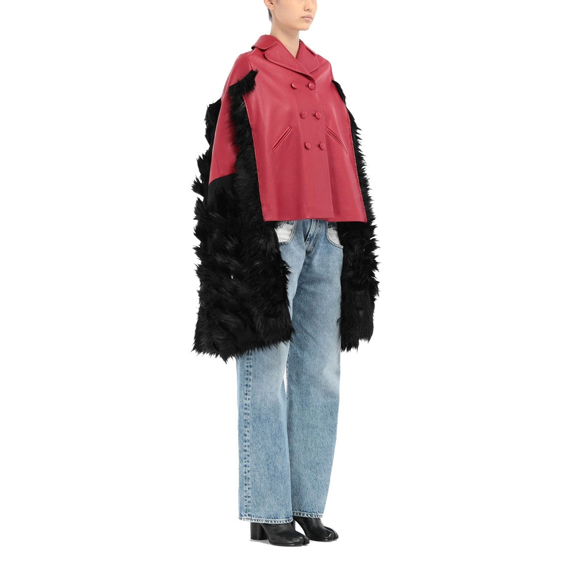 Maison Margiela Faux Fur Trimmed Leather Cape Jacket