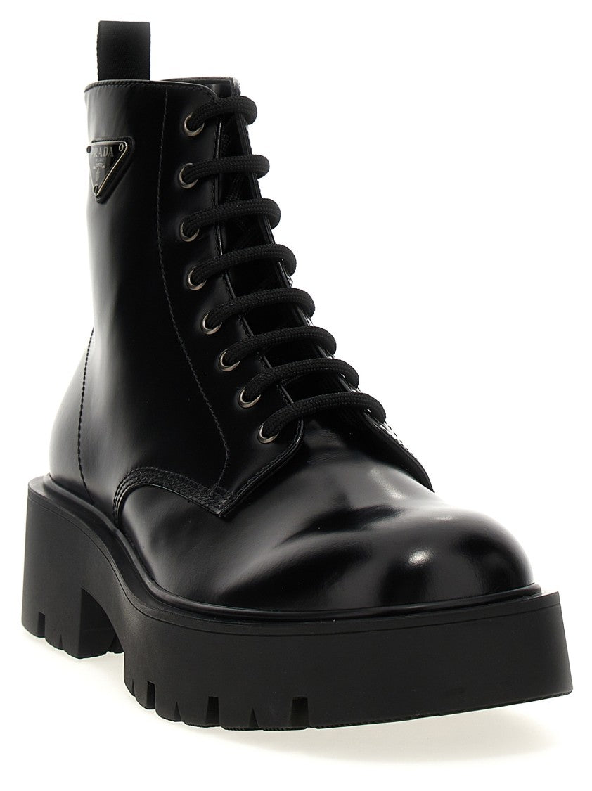 Prada Logo Brushed Leather Ankle Boots
