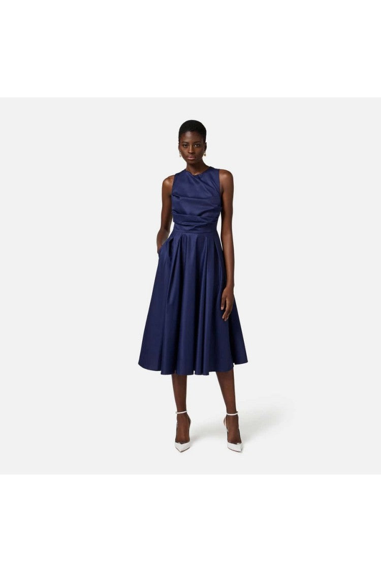Elisabetta Franchi Blue Sleeveless Draped Cotton Poplin Midi Dress
