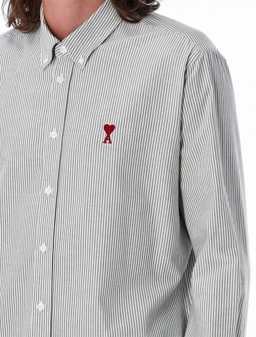 Ami Paris Vertical Striped Button-Down Shirt With Embroidered Heart Accents