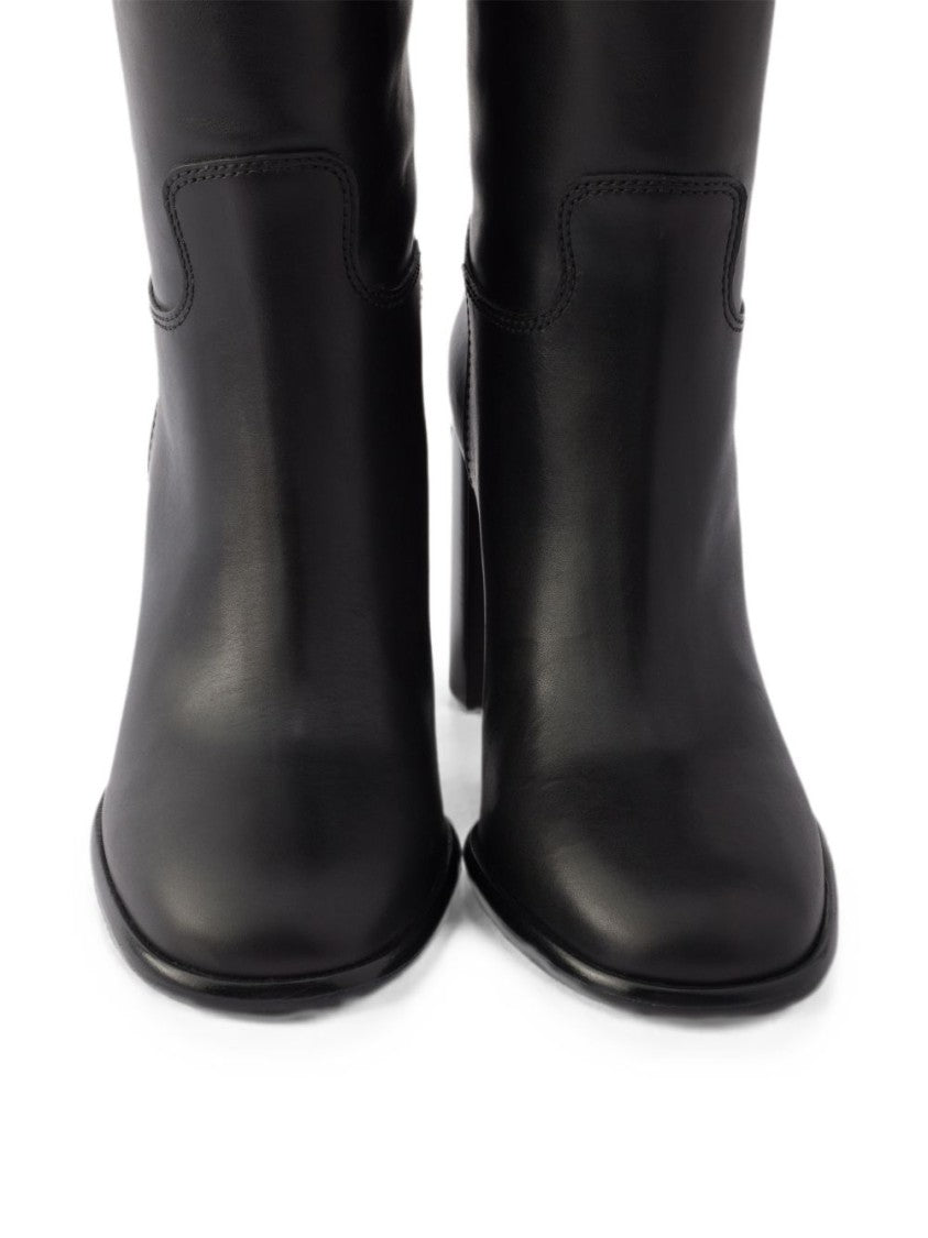 Prada Black Gold Logo Block Heel Leather Boots