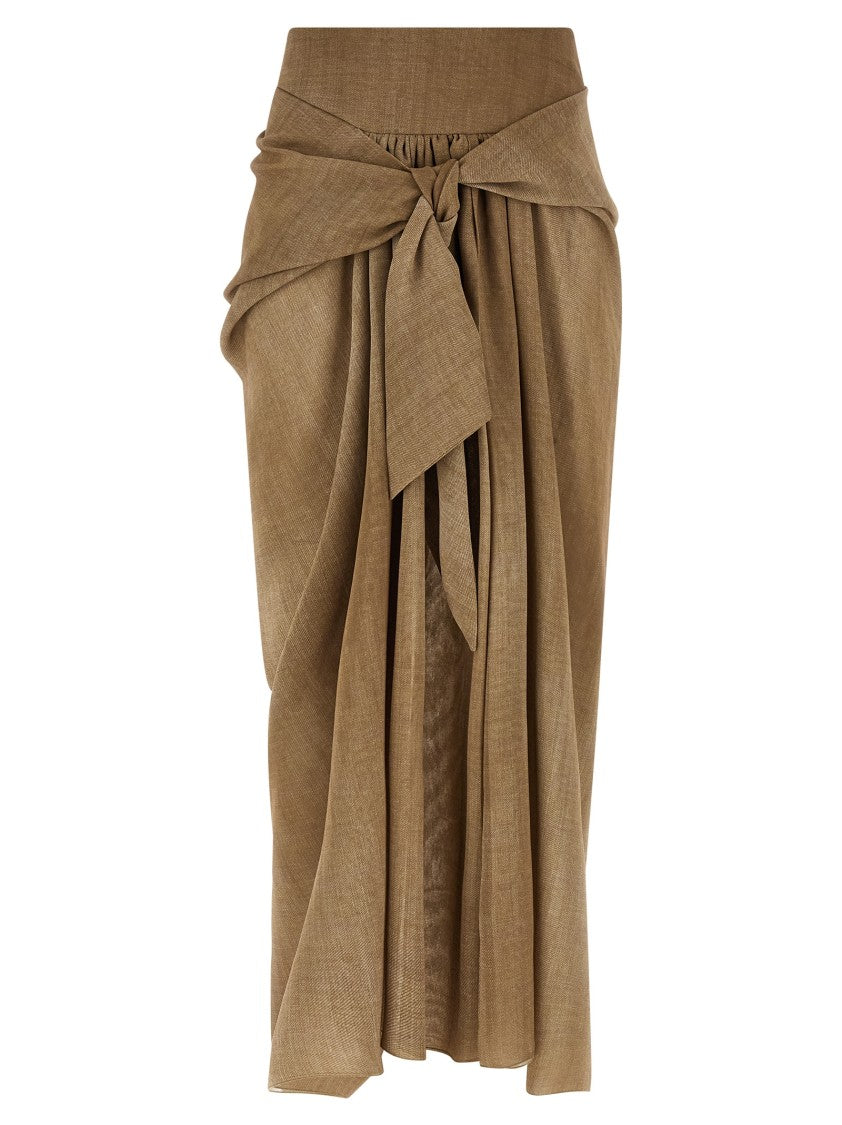 Ermanno Scervino Sand Denim Print Midi Skirt With Crinkled Waist And Asymmetrical Hem