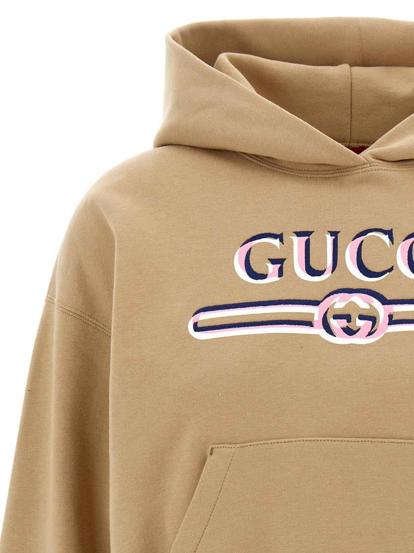 Gucci Cropped Fleece Cotton Hoodie With Embroidered Logo