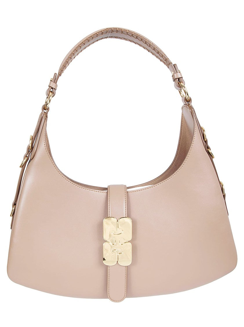 Ganni Curved Brown Handbag With Gold-Tone Accents