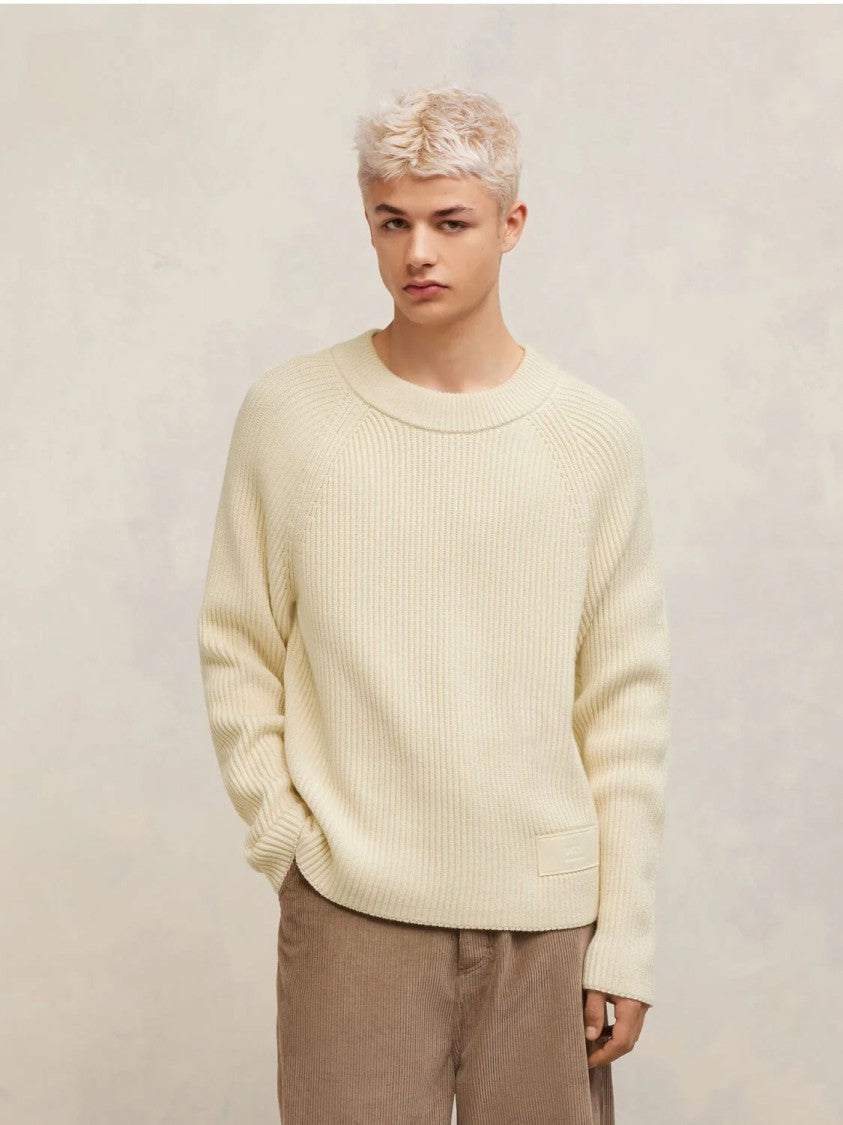 Ami Ribbed Crew-Neck Sweater In Ecru-Beige
