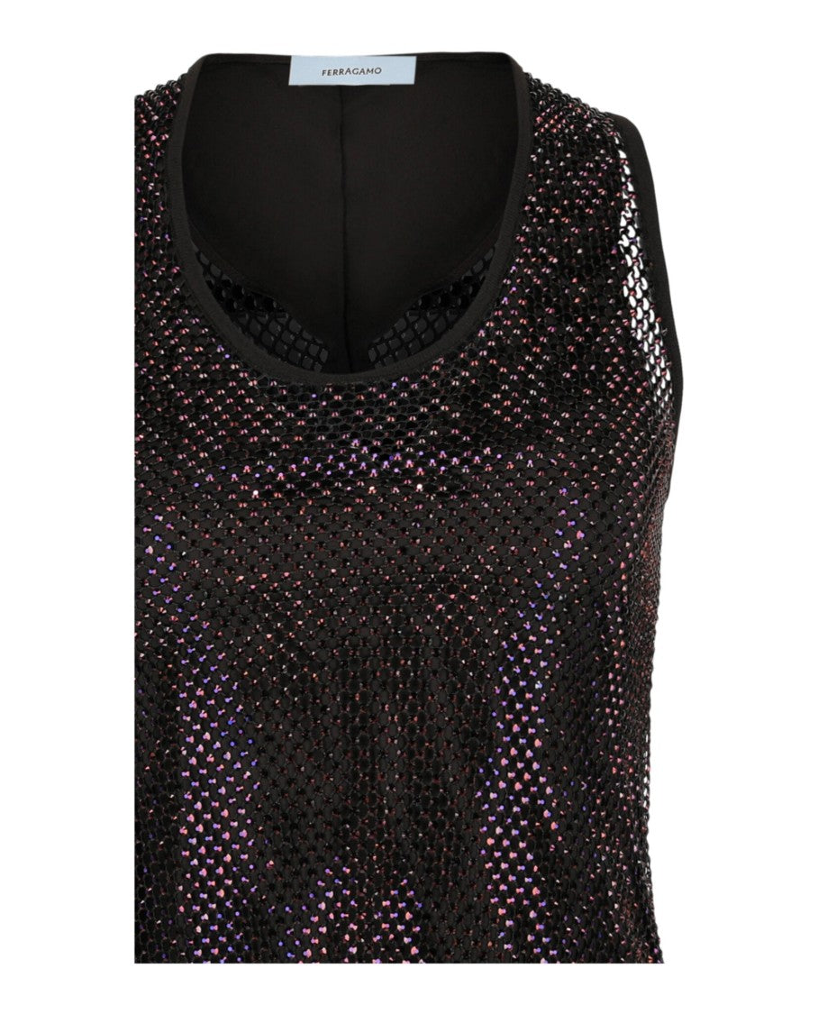 Ferragamo Crystal-Embellished Mesh Tank Top With Twisted Back Design