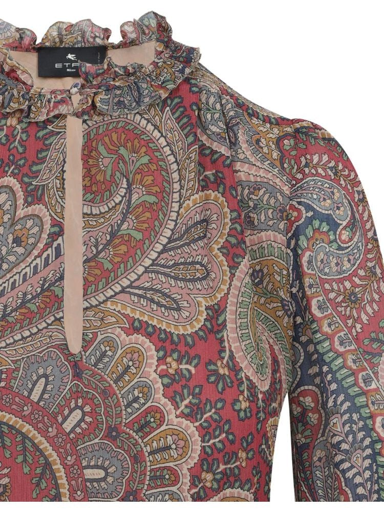 Etro Multicolored Paisley Midi Dress With Ruffled Neckline And Tiered Hem