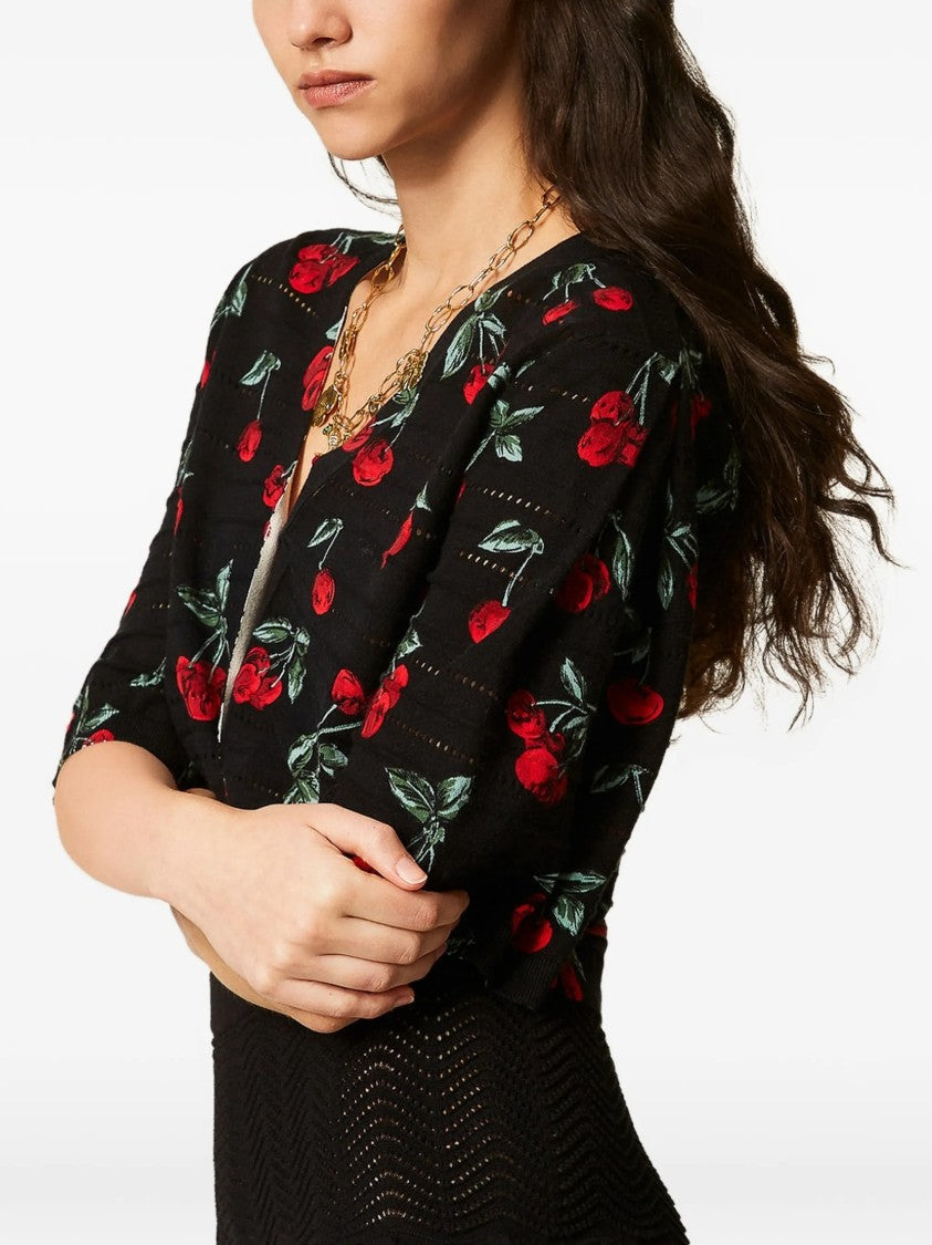 Twin-Set Black Top Cropped Cherry Print Top