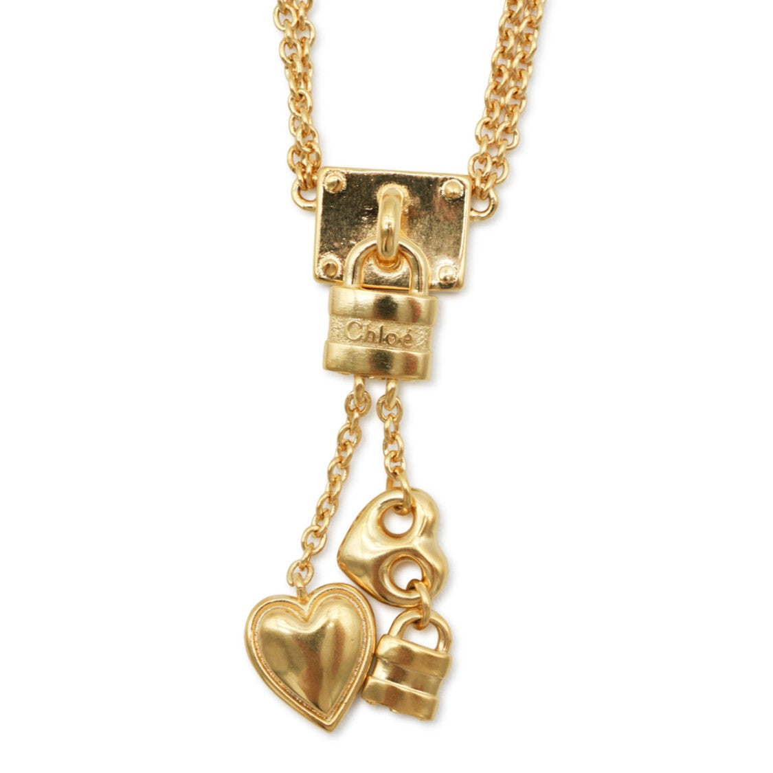 Chloé Dual-Chain Gold Metal Necklace With Heart And Lock Pendants
