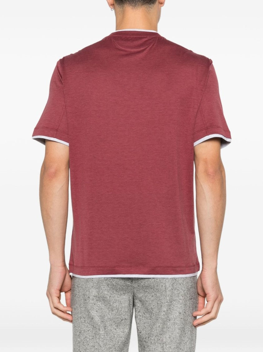 Brunello Cucinelli Red Contrasting Crew Neck Cotton T-Shirt