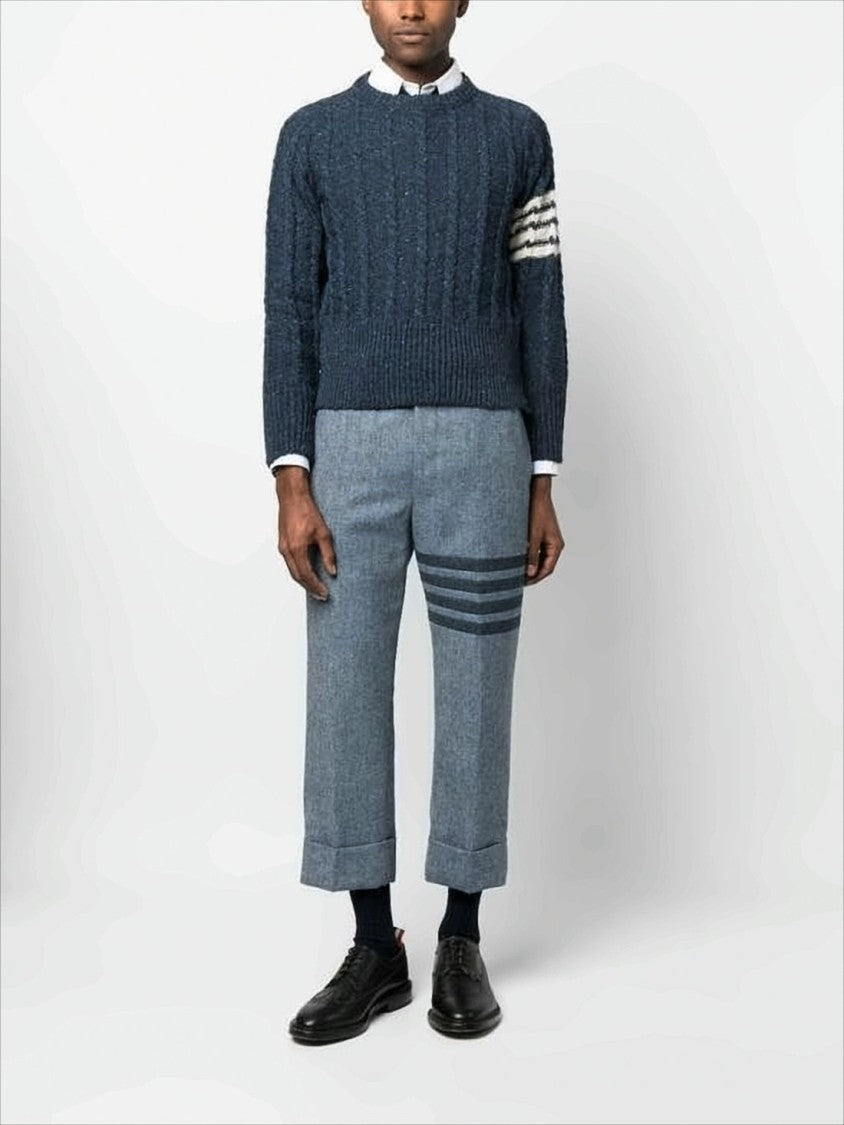 Thom Browne Textured Cable Knit Sweater With Striped Sleeve Accents