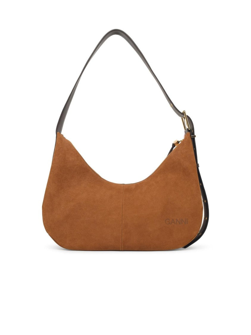 Ganni Crescent-Shaped Brown Suede Hobo Bag With Adjustable Strap