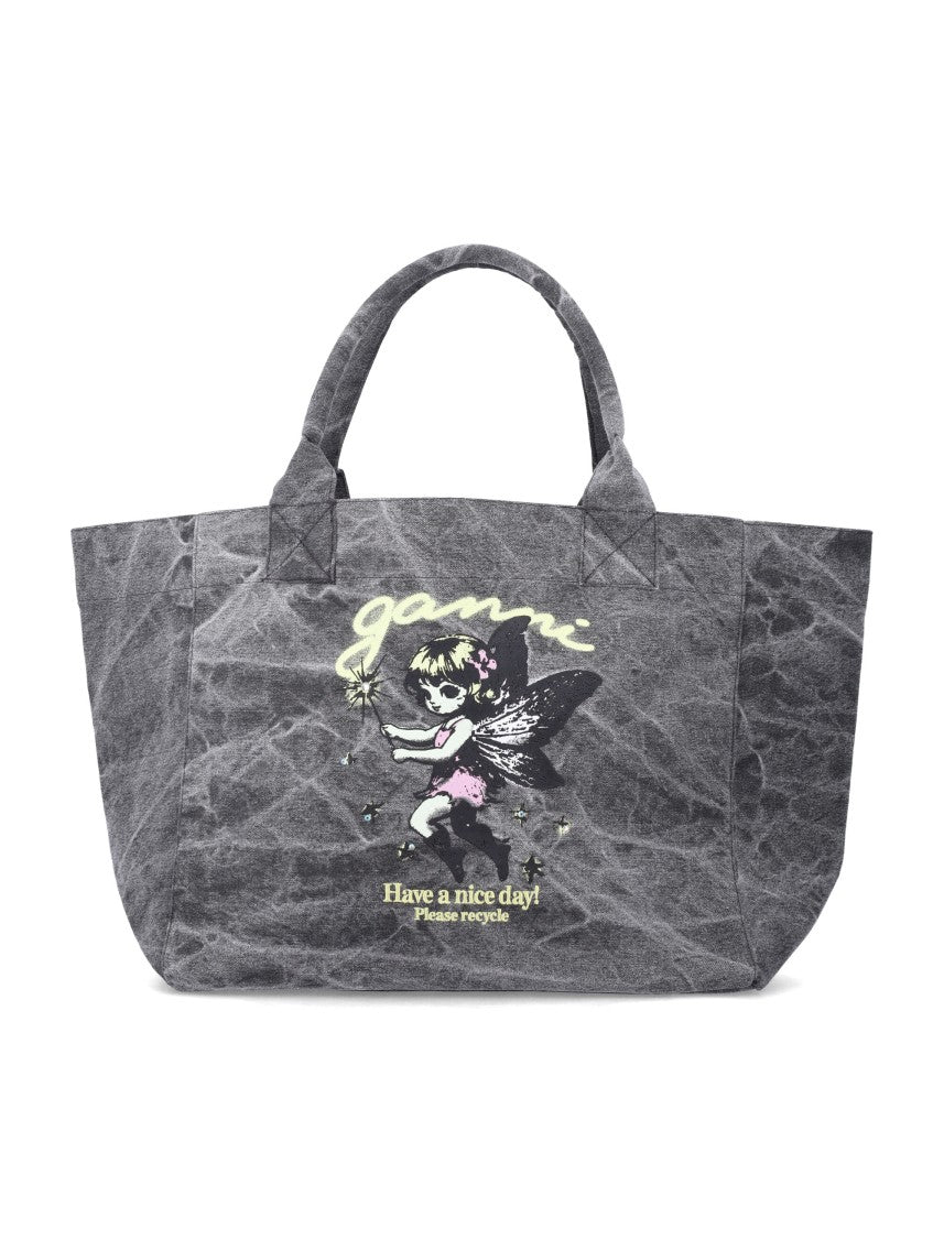 Ganni Fairy Print Textured Grey Tote