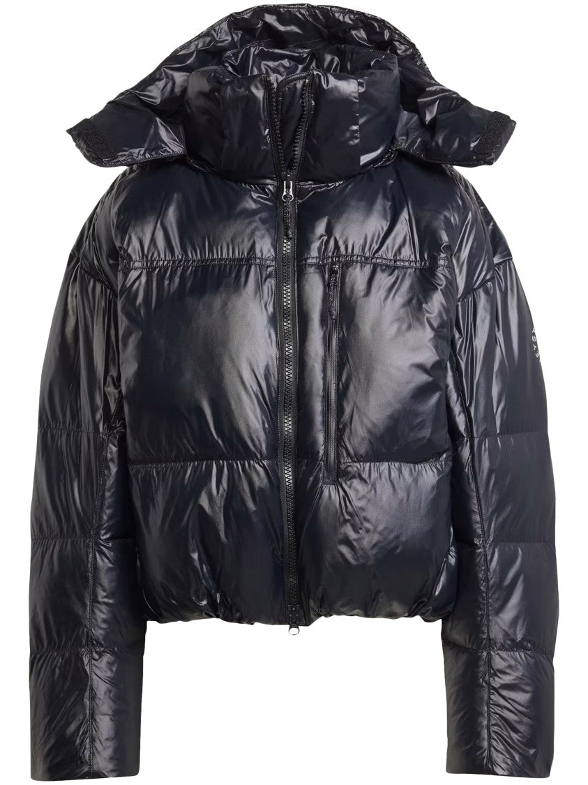 Adidas By Stella Mccartney Glossy High-Collar Cropped Down Jacket