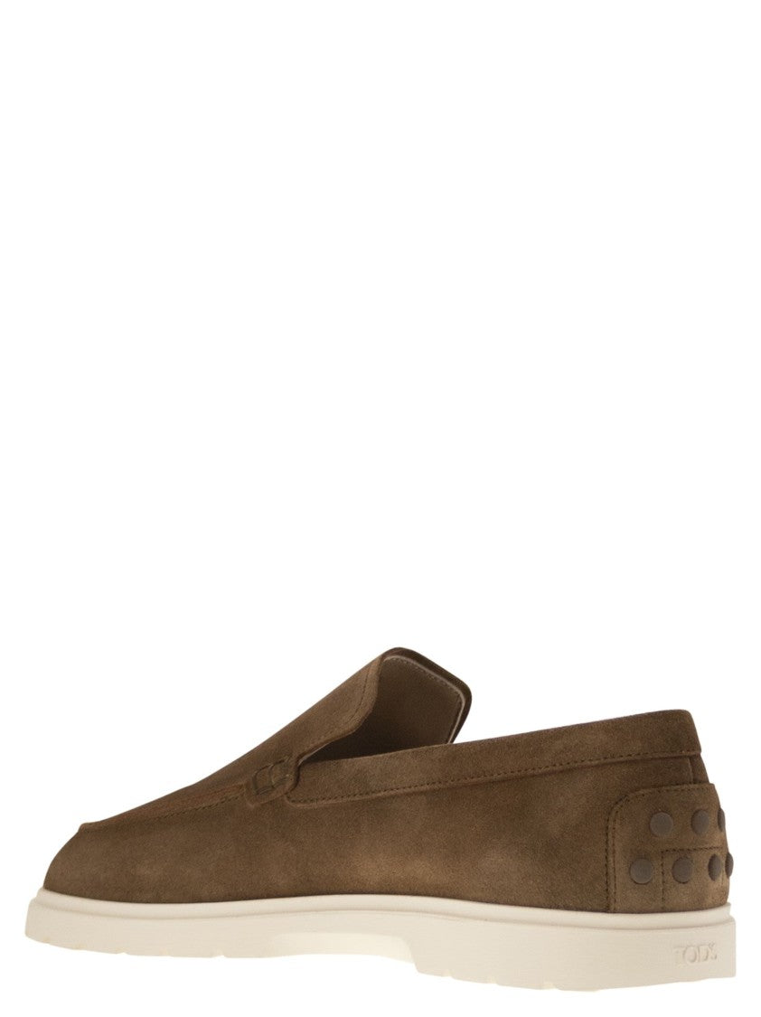 Tod's Brown Suede Moccasin Slipper With Embossed Monogram