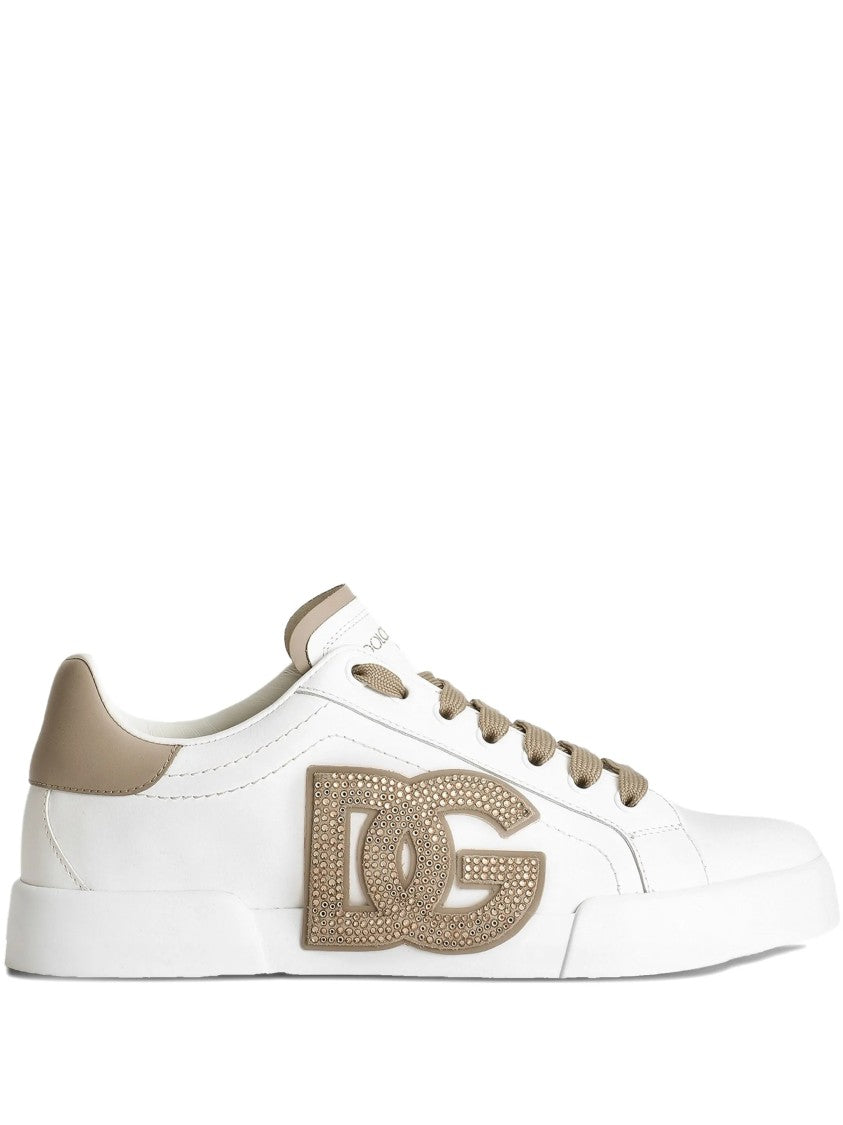 Dolce & Gabbana White Low-Top Leather Embellished Logo Sneakers