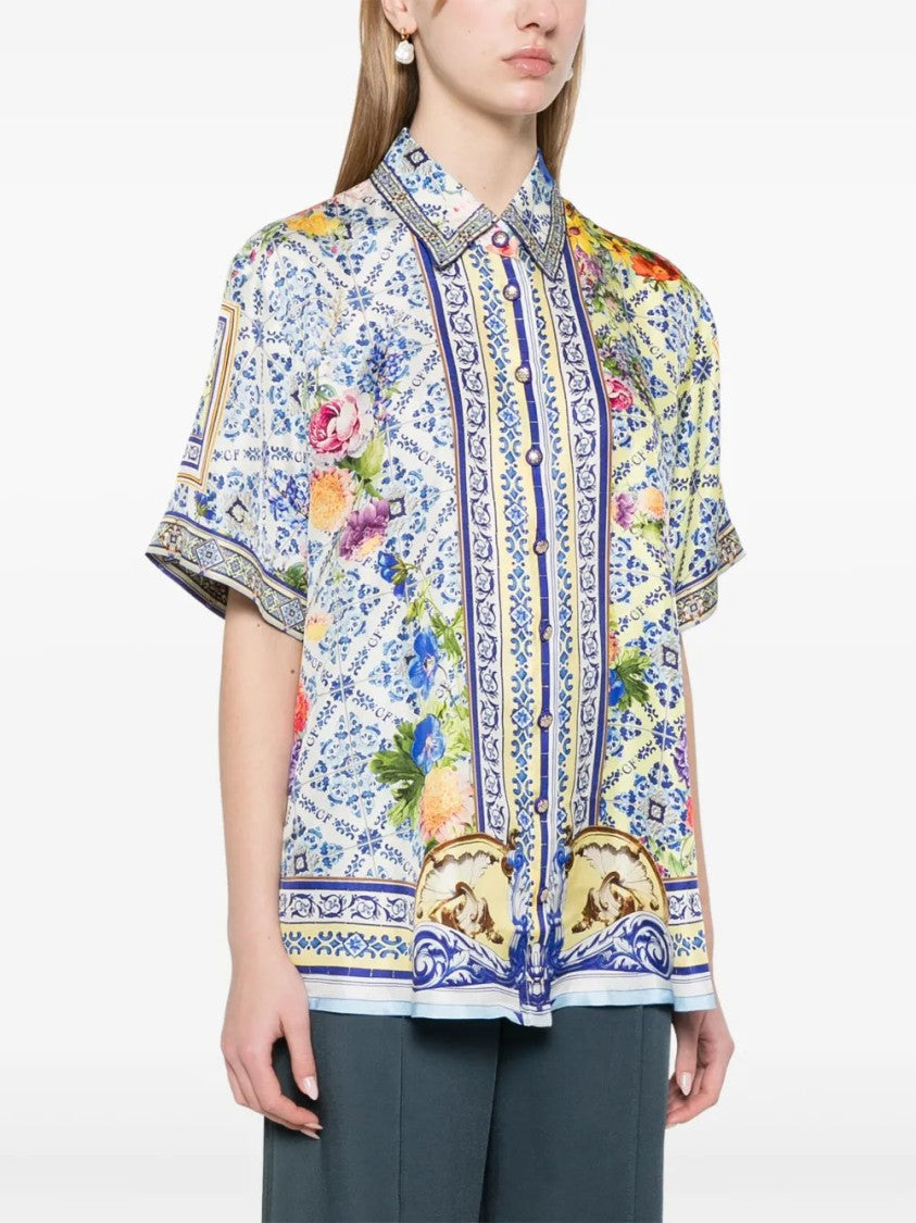Camilla Vibrant Floral Print Silk Shirt With Classic Collar