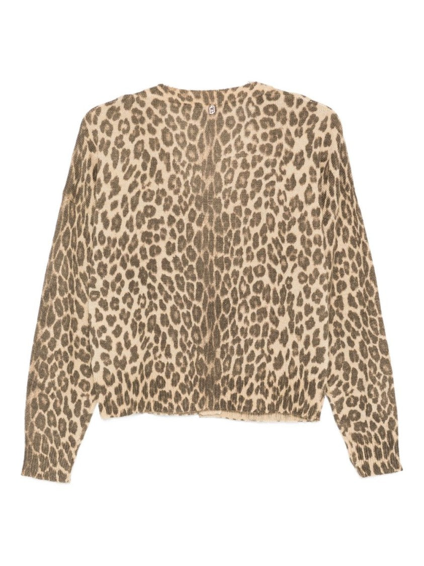 Liu Jo Cropped Leopard Print Knit Sweater With V-Neck