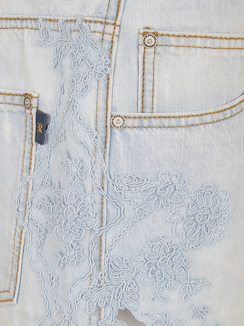 Ermanno Scervino Embroidered Light Blue Denim Bermudas With Frayed Hem