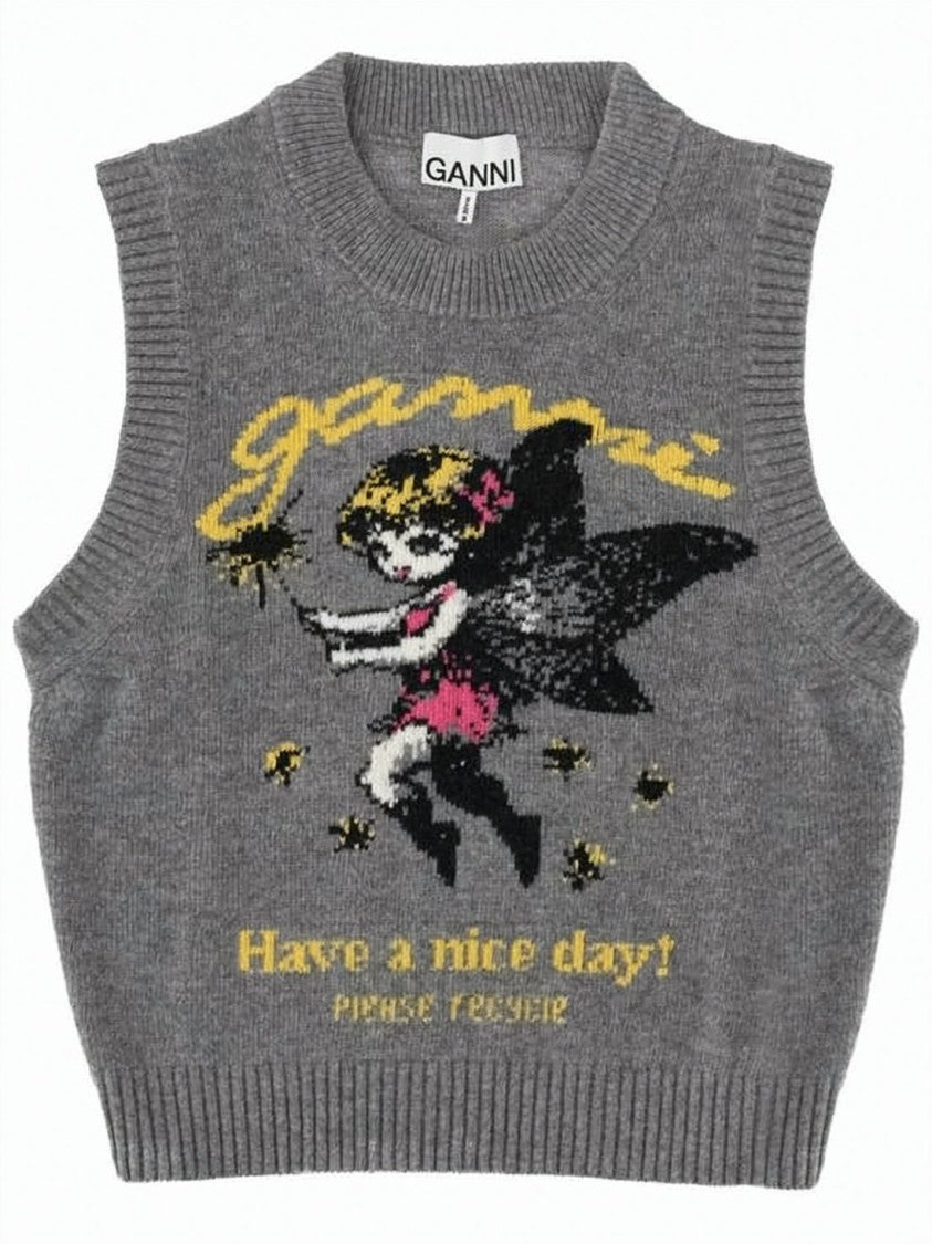 Ganni Sleeveless Knit Vest With Graphic Fairy Motif And Ribbed Details