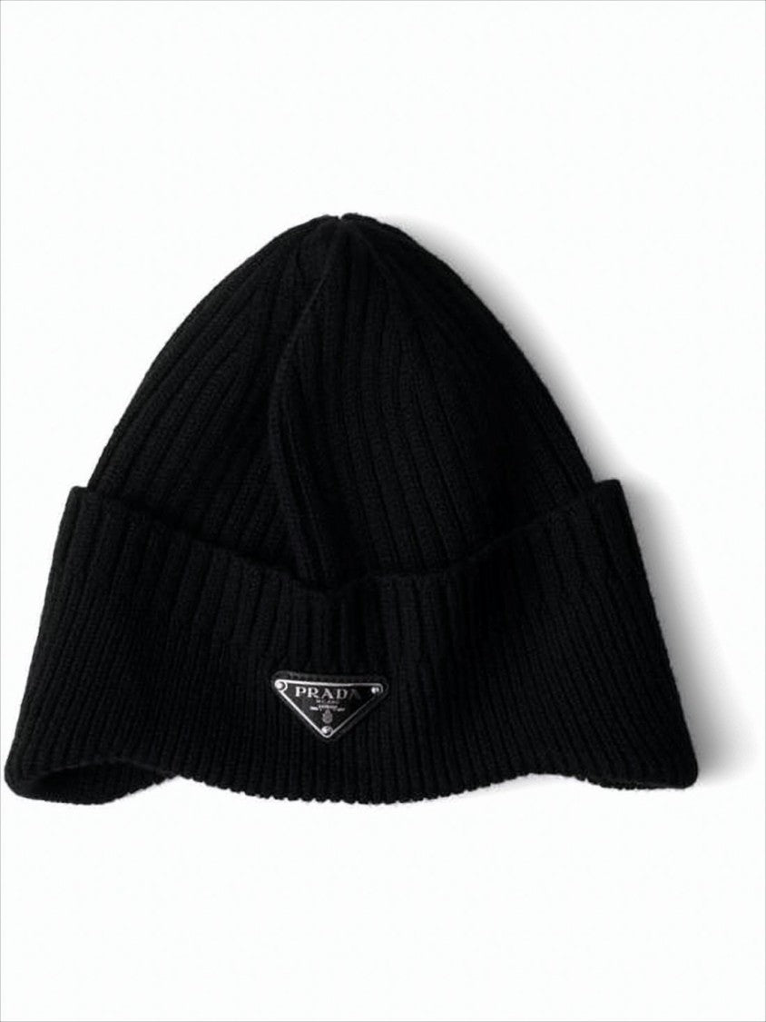Prada Ribbed Black Wool Beanie With Logo Plaque