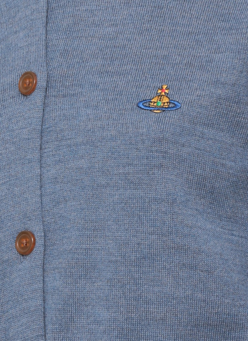 Vivienne Westwood Blue Wool Knit Bea Cardigan With Embroidered Logo