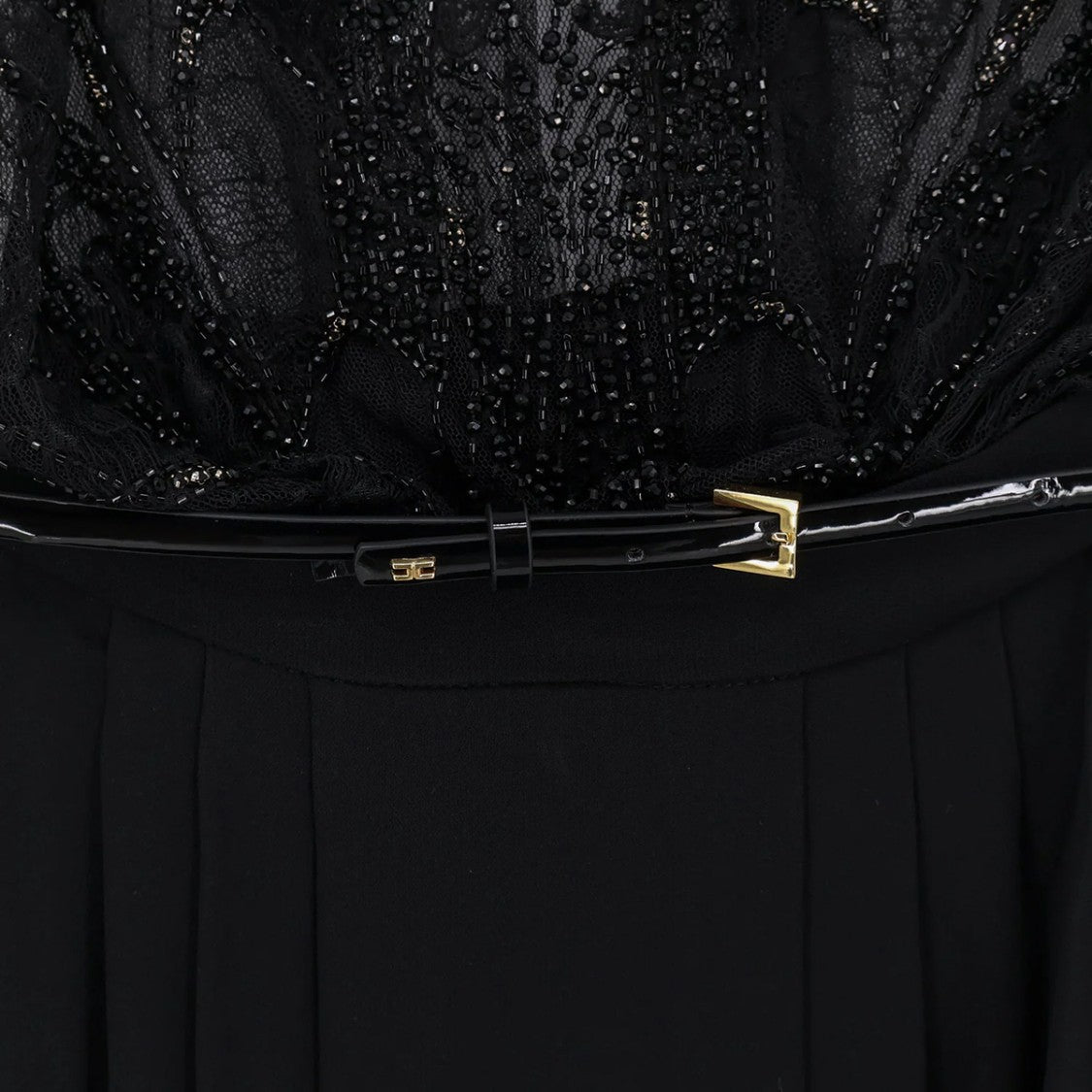 Elisabetta Franchi Sheer Black Maxi Dress With Intricate Lace And Crystal Embellishments