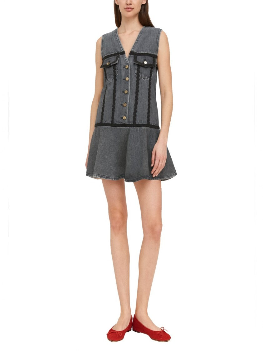 Ganni Washed Grey Gold Buttons Mini Dress