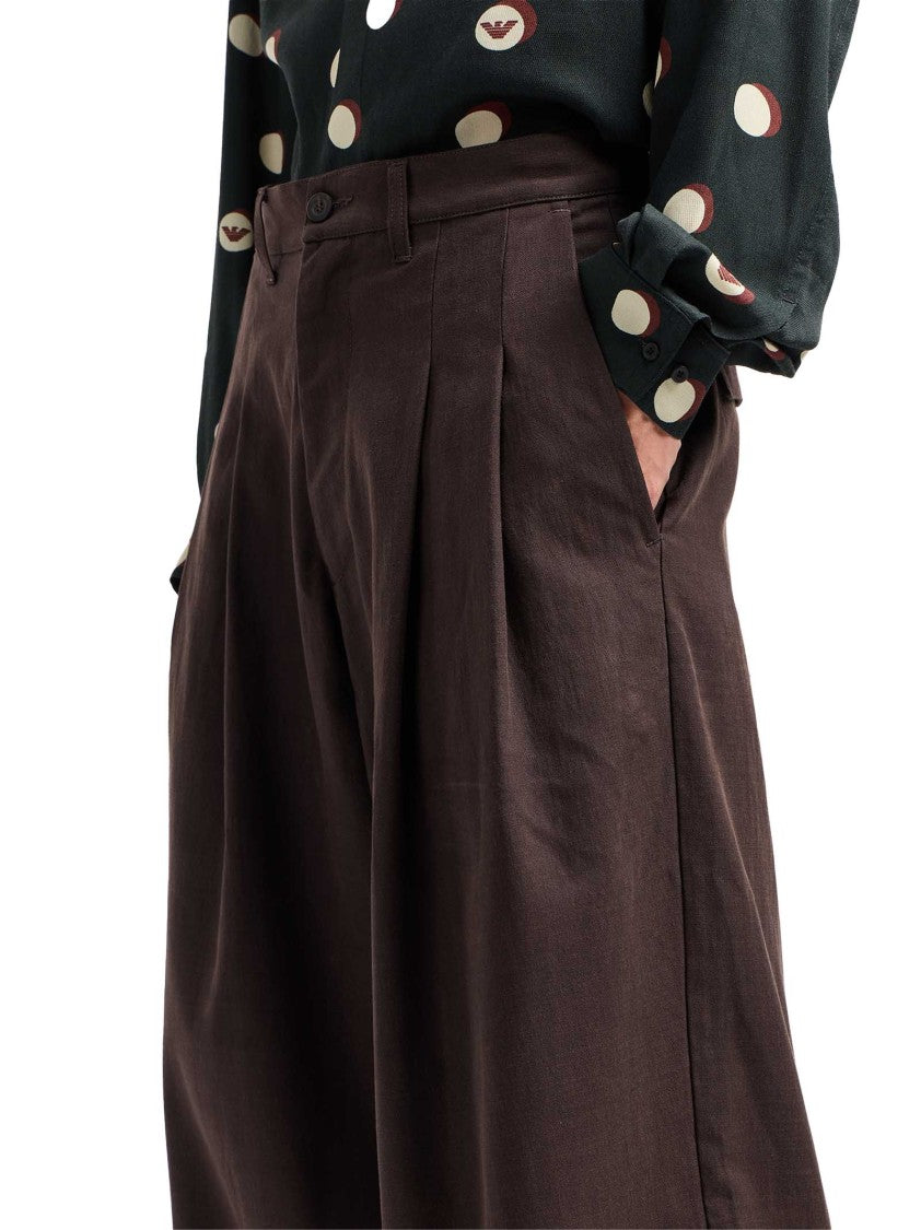 Emporio Armani Double Pleated Wide Leg Trousers In Soft Cotton-Lyocell Blend