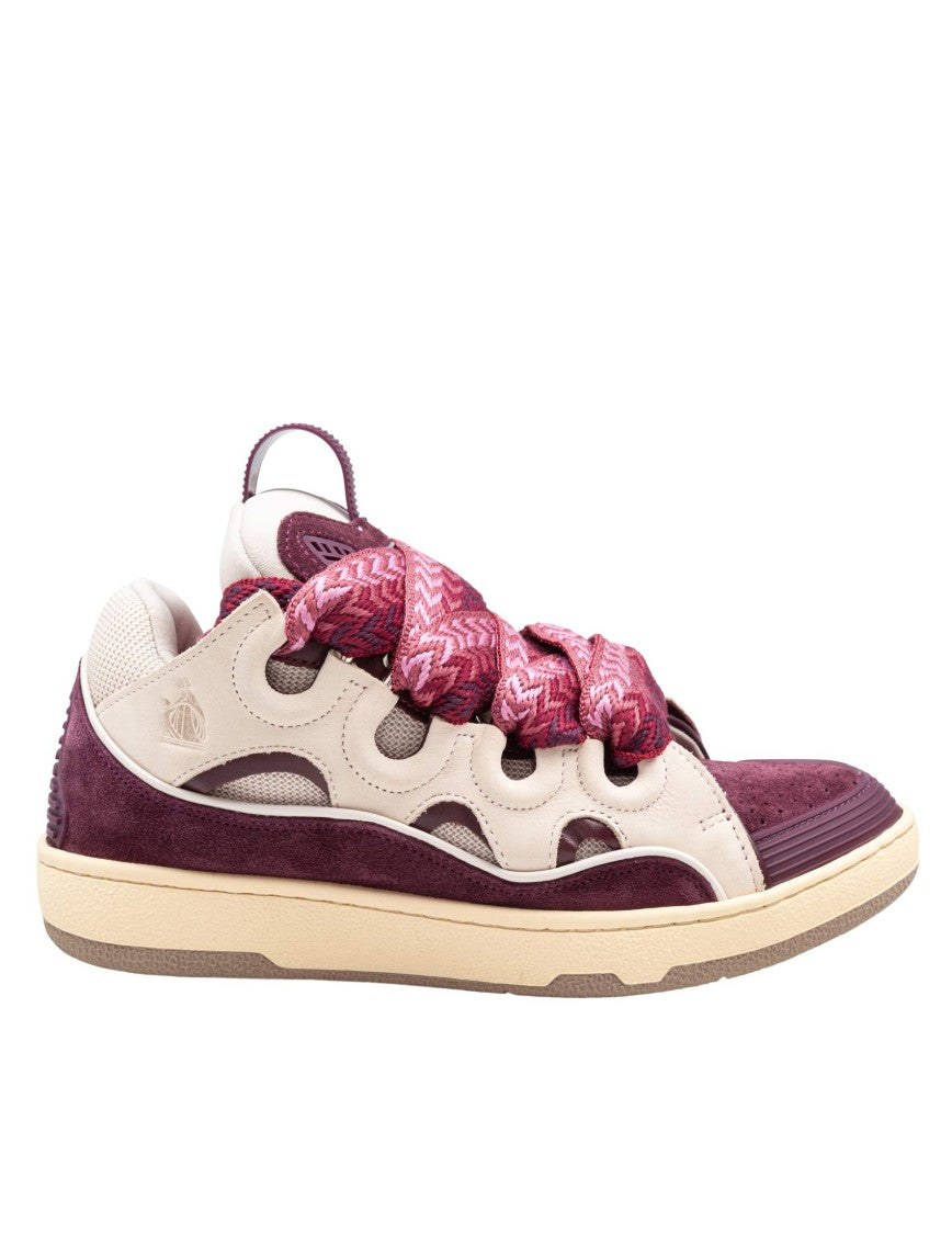 Lanvin Curb Leather And Fabric Sneakers In Beige And Burgundy
