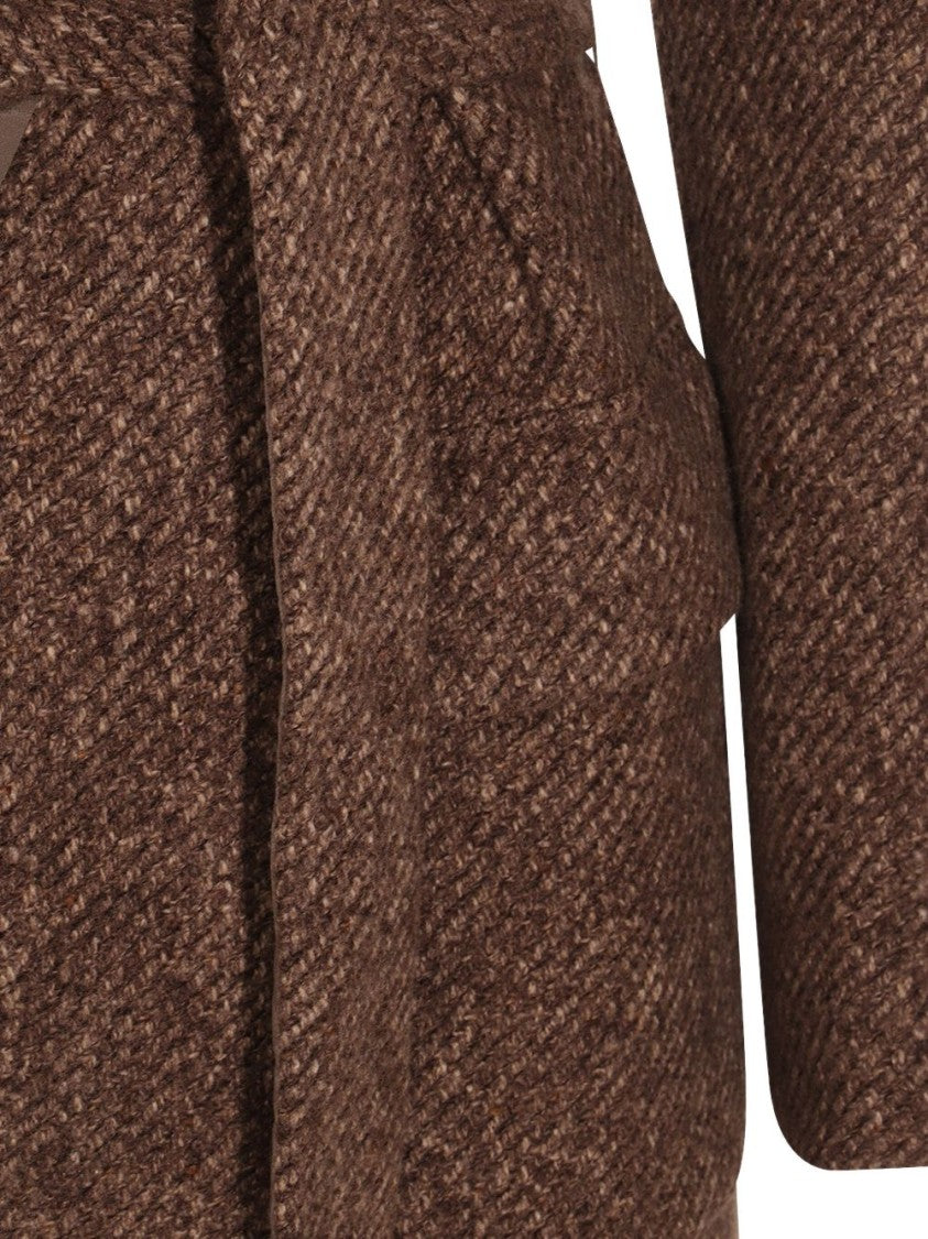 Brunello Cucinelli Textured Brown Long Coat With Wrap-Style Front