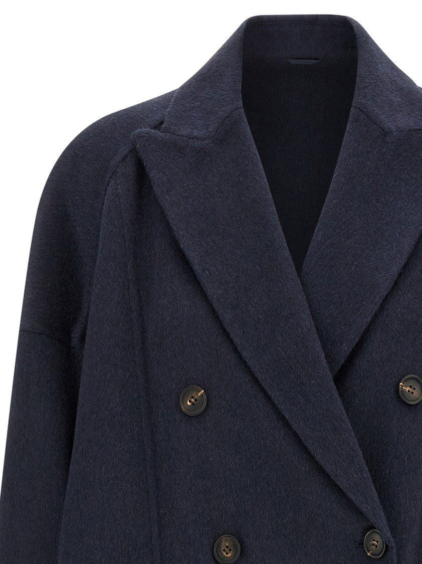 Brunello Cucinelli Double-Breasted Black Cashmere Coat With Peak Lapels