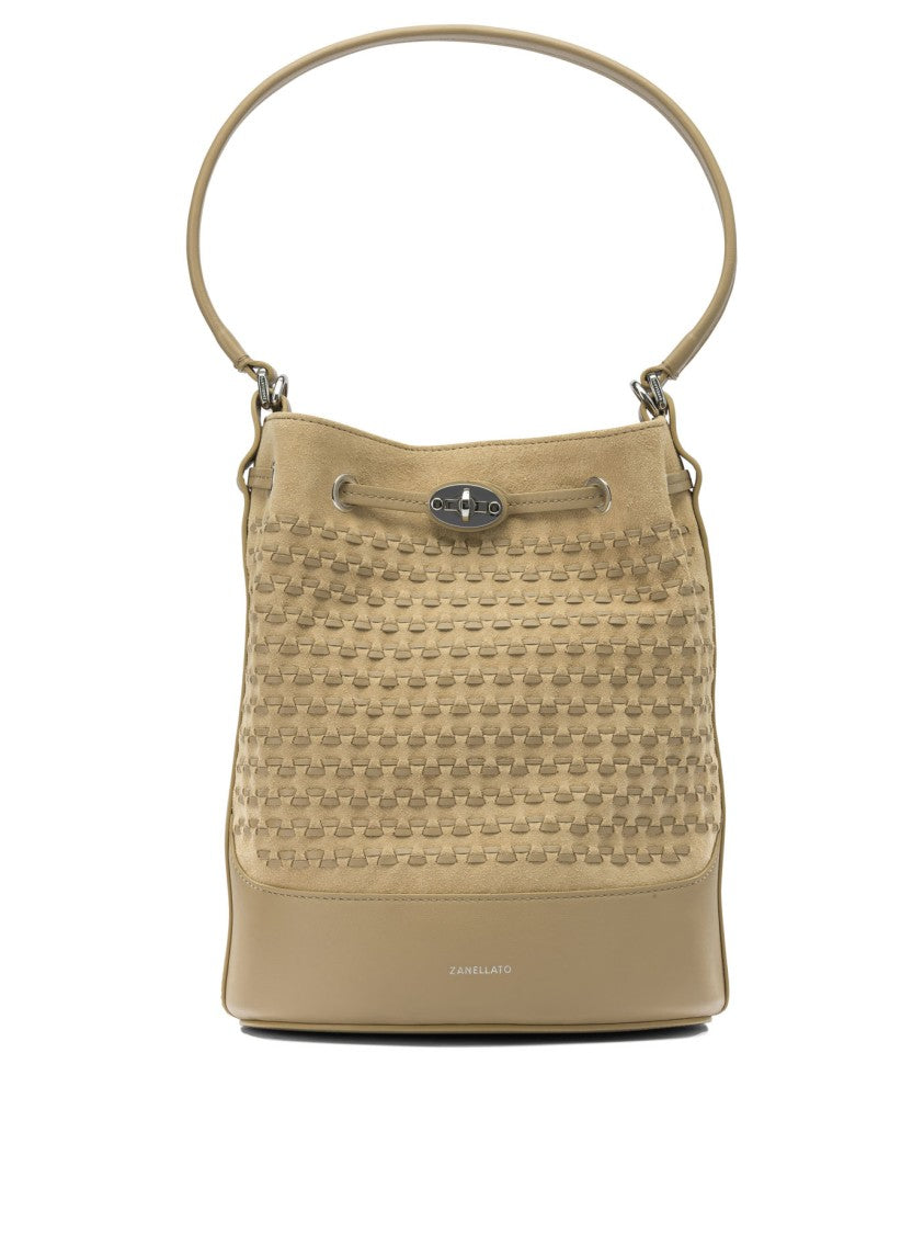 Zanellato Beige Woven Suede Handbag With Silver-Tone Turn-Lock Closure