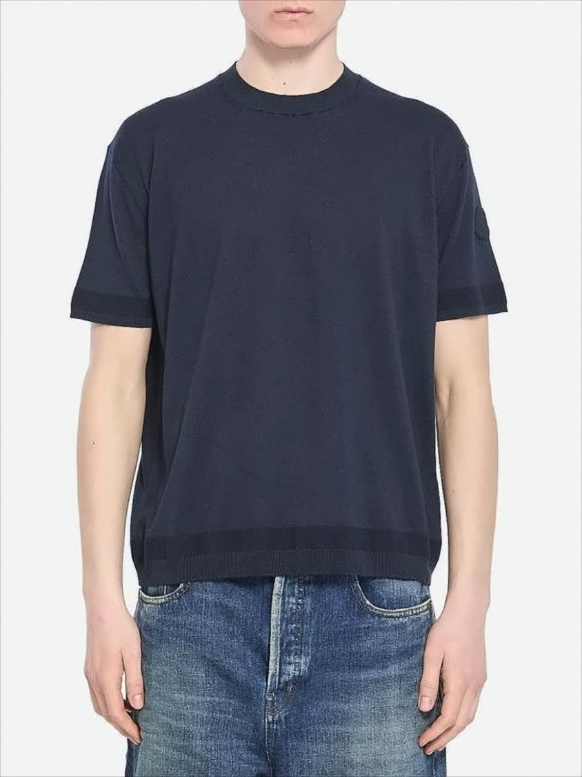 Moncler Short-Sleeve Relaxed Fit Sweater With Crew Neckline And Ribbed Trims