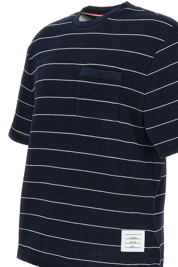Thom Browne Short Sleeve Tee In Textured Stripe Waffle