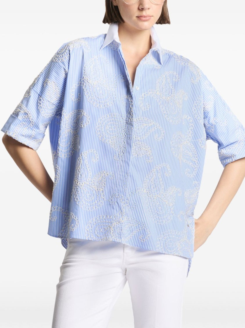 Fay Light Blue Striped Shirt With Embroidered Detailing And Classic Collar