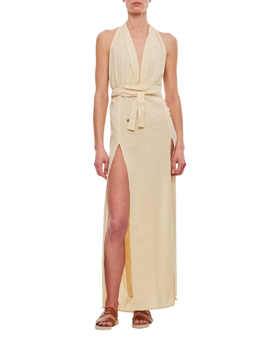 Caravana Beige Cotton Maxi Dress With Deep V Neckline And Slits