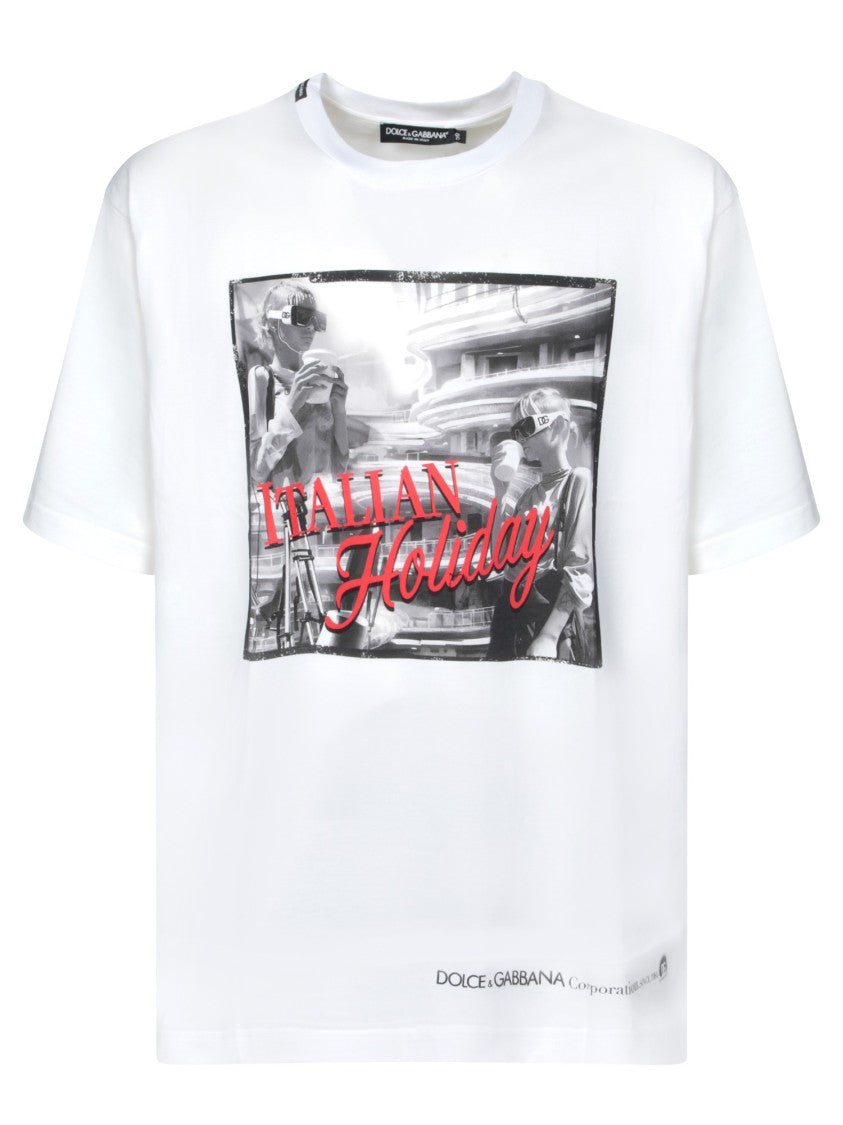 Dolce & Gabbana White Cotton Crewneck T-Shirt With Print