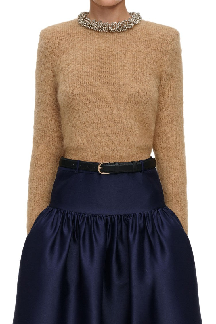 Self-Portrait Fitted Beige Sweater With Pearl Embellishments