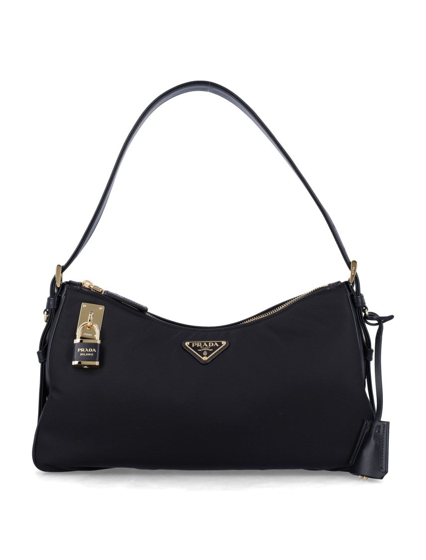 Prada Enameled Triangle Logo Black Nylon Hobo Bag