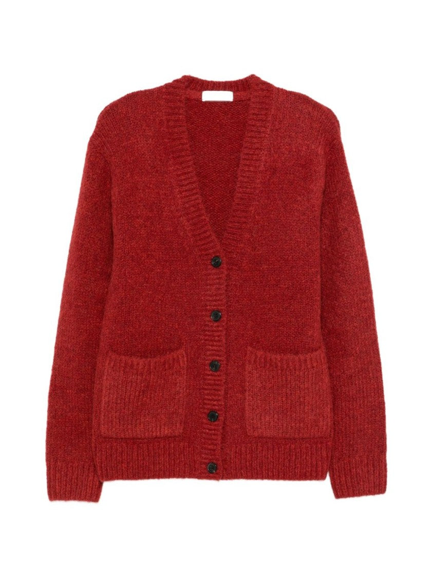 Dries Van Noten Red Loose Fit Deep V-Neck Knit Cardigan