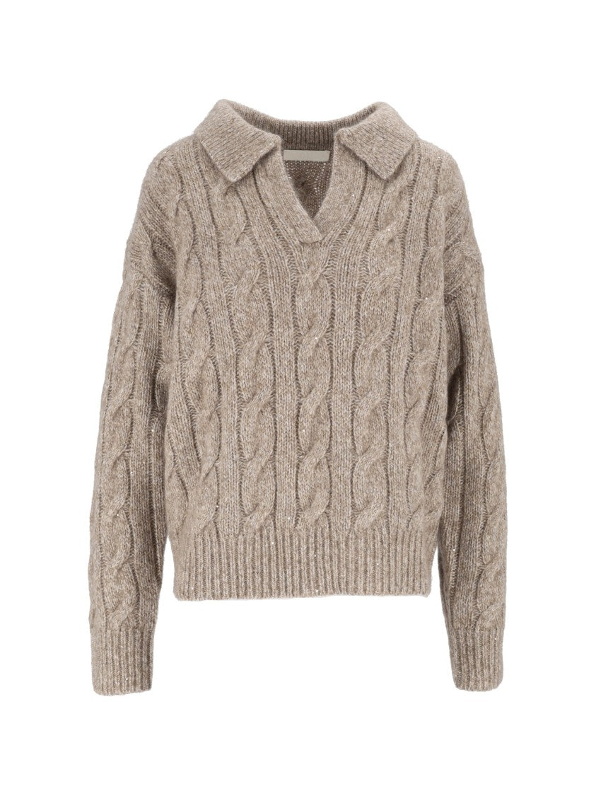 Eleh Mud Cable-Knit V-Neck Wool Sweater
