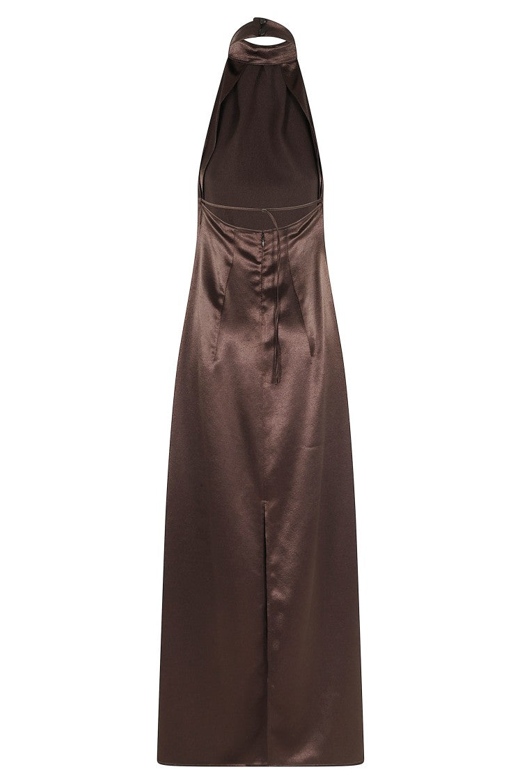 Alysi Shiny Halter Brown Flared Maxi Dress