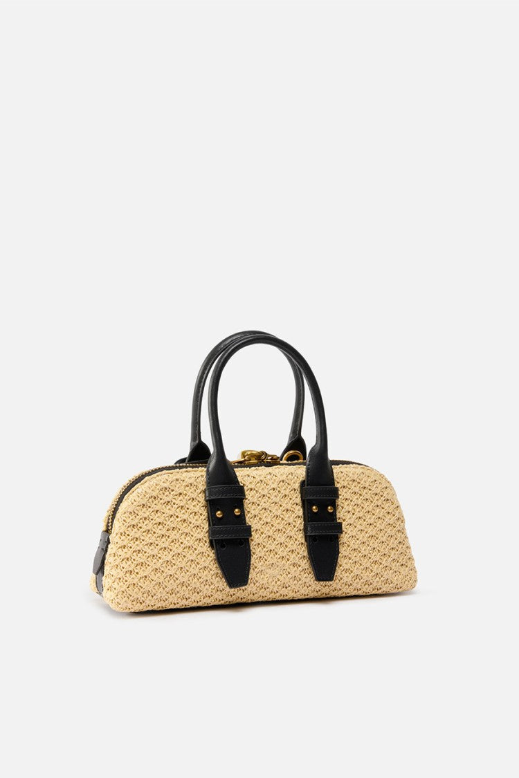 Pinko Beige Escape Raffia-Effect Leather Handles Polyethylene Tote Bag