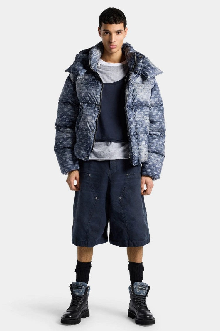 Dsquared2 Blue Denim Monogram Jacquard Hooded Down Parka
