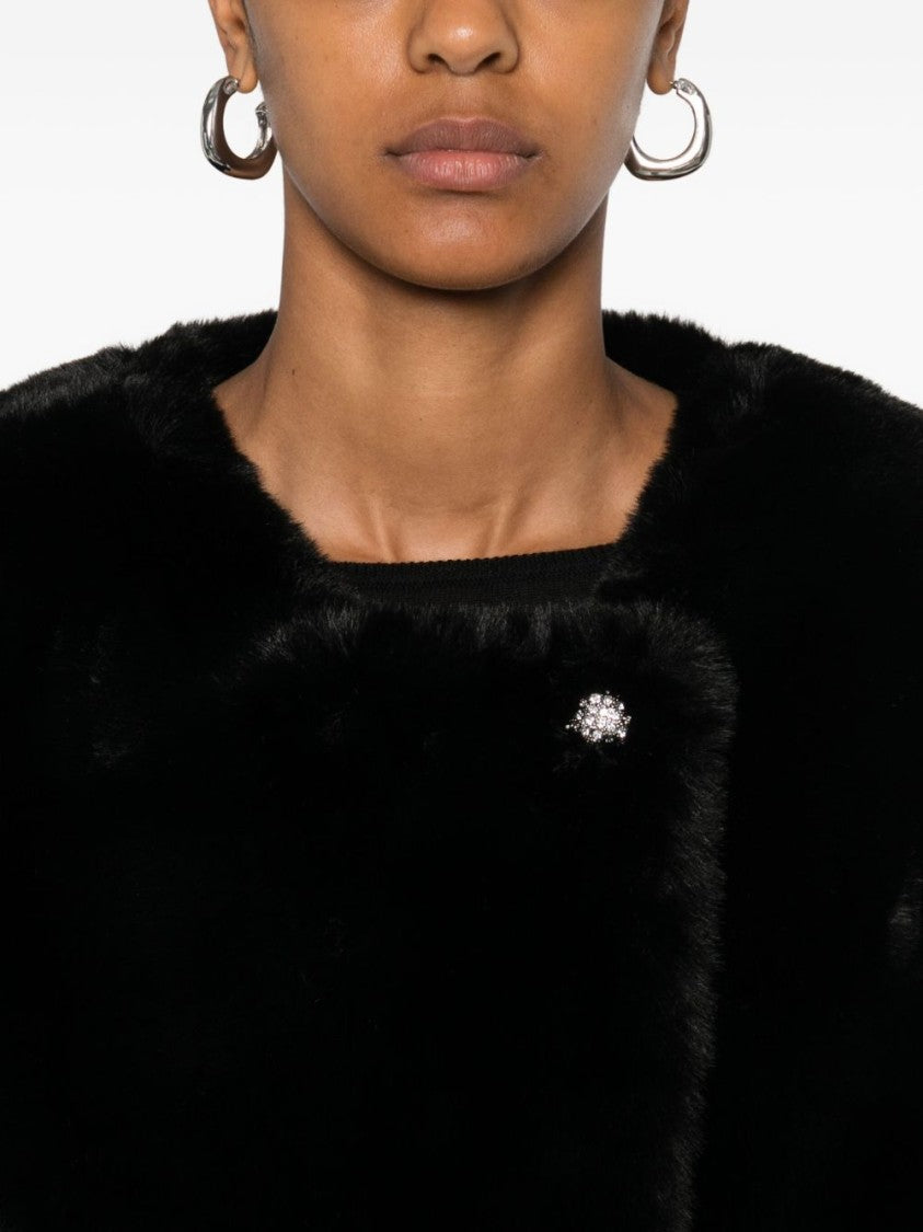 Blugirl Cropped Faux Fur Coat With Jeweled Button