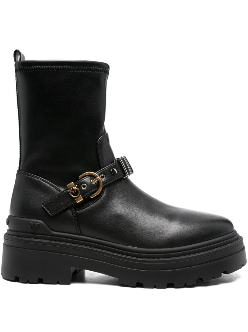 Pinko Black Leather Ankle Boots With Buckle Detail