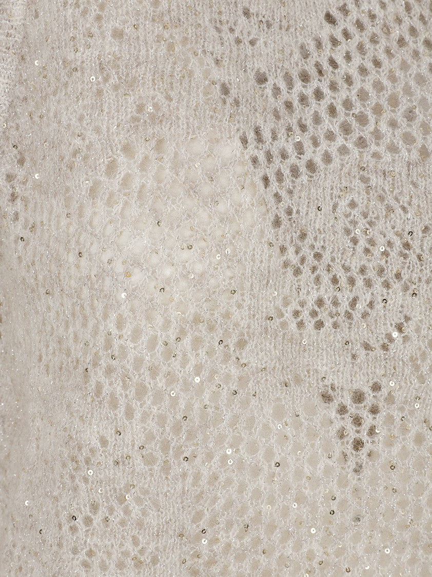 Brunello Cucinelli Open-Knit Sleeveless Jacket With Floral Pattern And Sequins