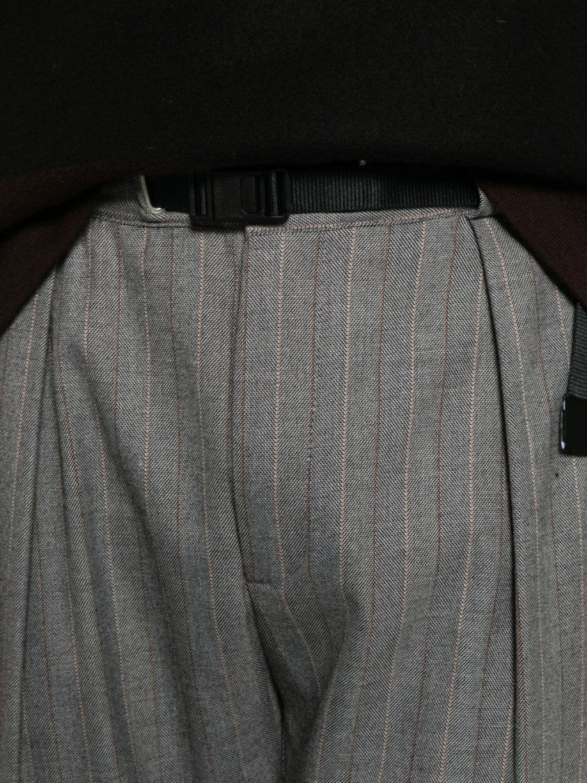 White Sand Cropped Grey Trousers With Pinstripe Pattern